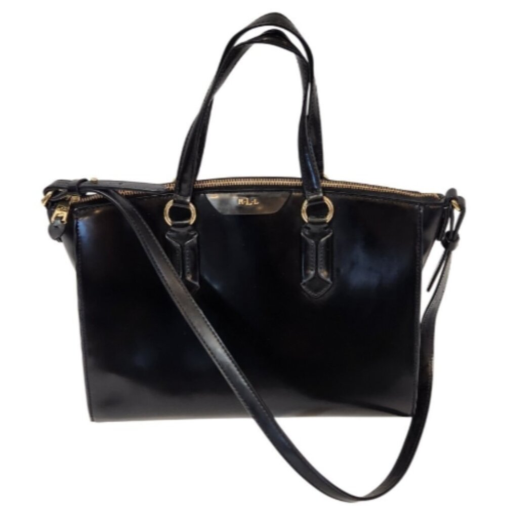 LRL RALPH LAUREN GLAZED LEATHER SATCHEL HAND BAG with GOLD Logo HARDWARE - Picture 2 of 16